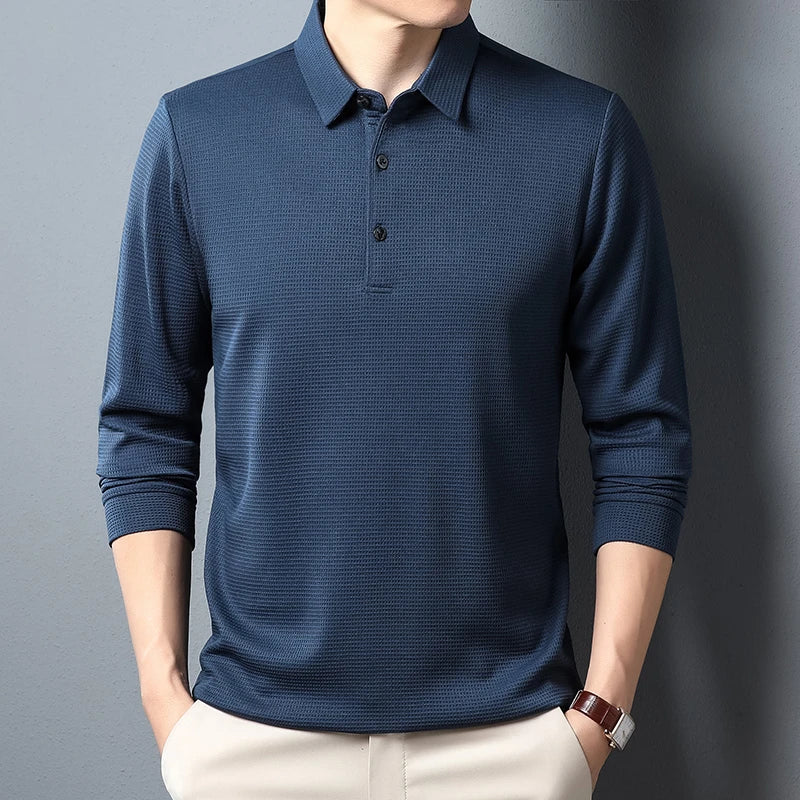 Men’s Business Casual Polo – Long Sleeve, Anti-Wrinkle, Comfortable Summer Top