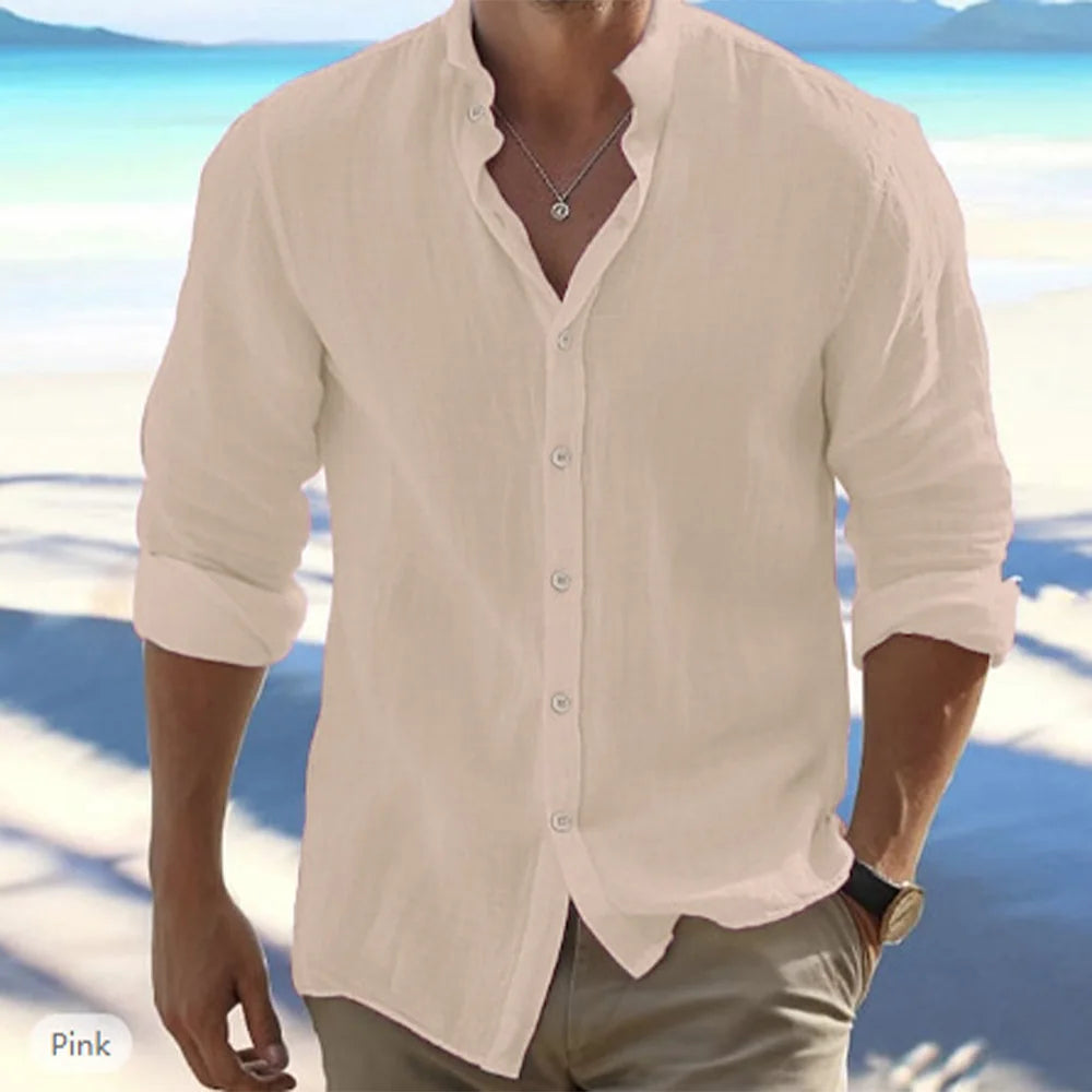 Men’s Cotton Linen Long-Sleeve Shirt – Casual Beach Style, Stand-Up Collar, Summer Comfort