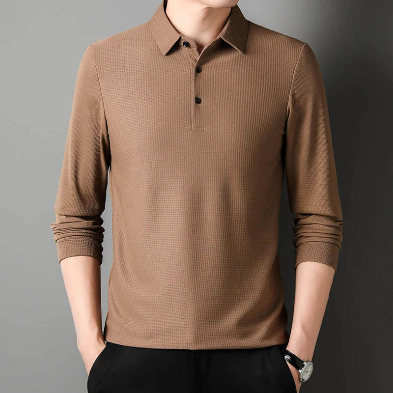 Men’s Business Casual Polo – Long Sleeve, Anti-Wrinkle, Comfortable Summer Top