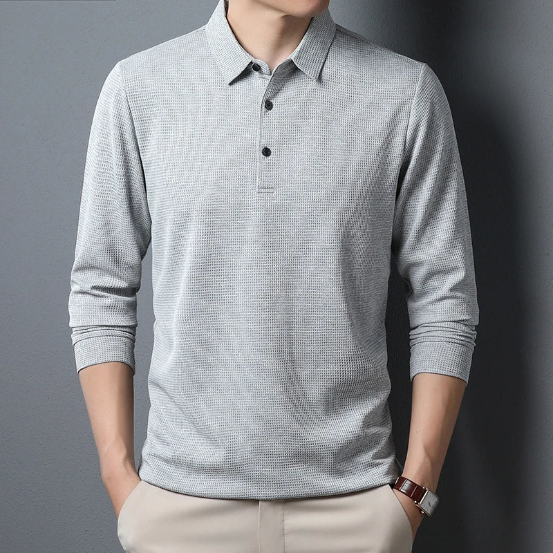 Men’s Business Casual Polo – Long Sleeve, Anti-Wrinkle, Comfortable Summer Top
