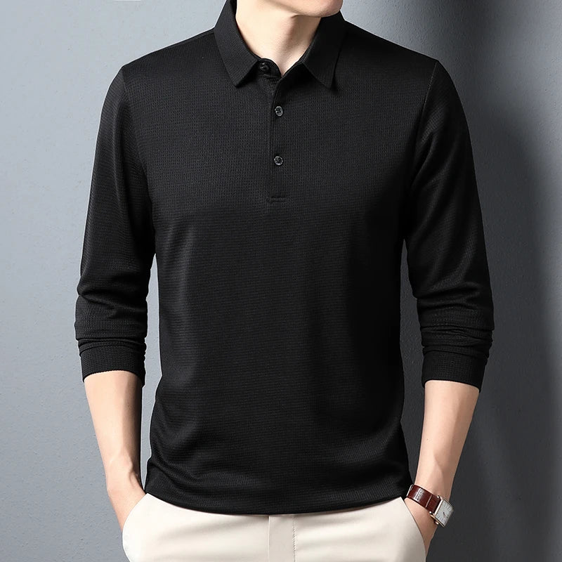 Men’s Business Casual Polo – Long Sleeve, Anti-Wrinkle, Comfortable Summer Top