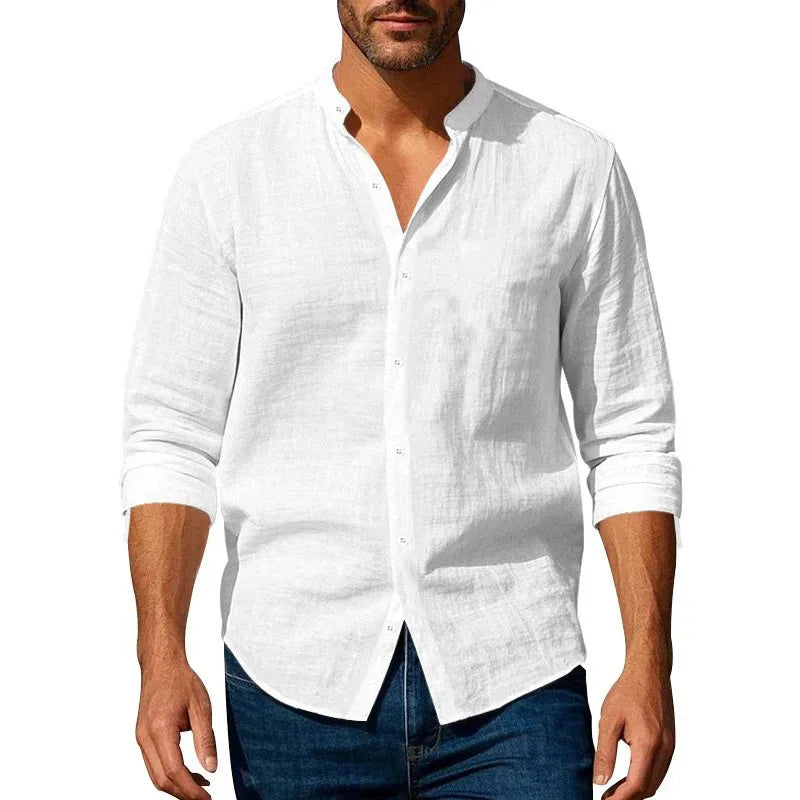 Men’s Cotton Linen Long-Sleeve Shirt – Casual Beach Style, Stand-Up Collar, Summer Comfort