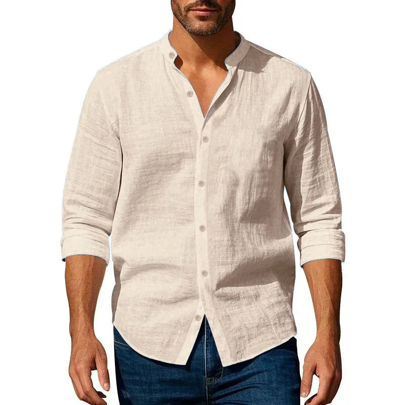 Men’s Cotton Linen Long-Sleeve Shirt – Casual Beach Style, Stand-Up Collar, Summer Comfort